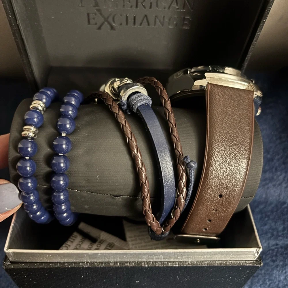 American Exchange Men's Brown Chronograph Watch & 3-pc Stackable Bracelet Set